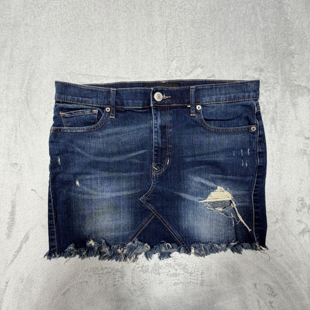 Vintage Express Jeans Distressed Denim Mini Skirt Size 10 Dark Wash Cotton 2000s
